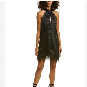 NWT WAYF Floral Jacquard Halter Neck Feather Trim Mini Dress Size Medium